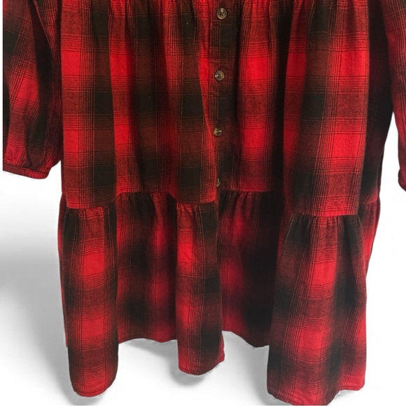 Time & Tru Red Black Plaid Flannel Tiered Dress-Size XL - Picture 3 of 8